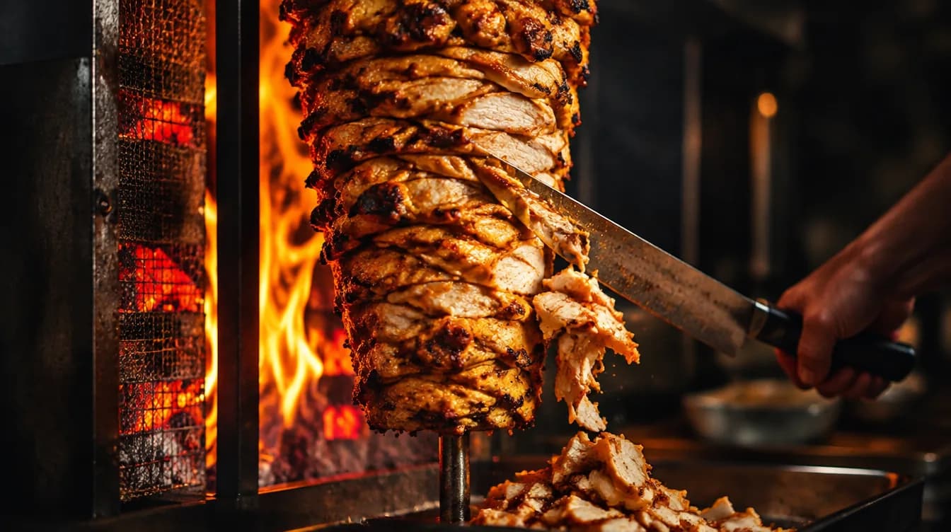Chicken shawarma roasting on a vertical spit over open fire